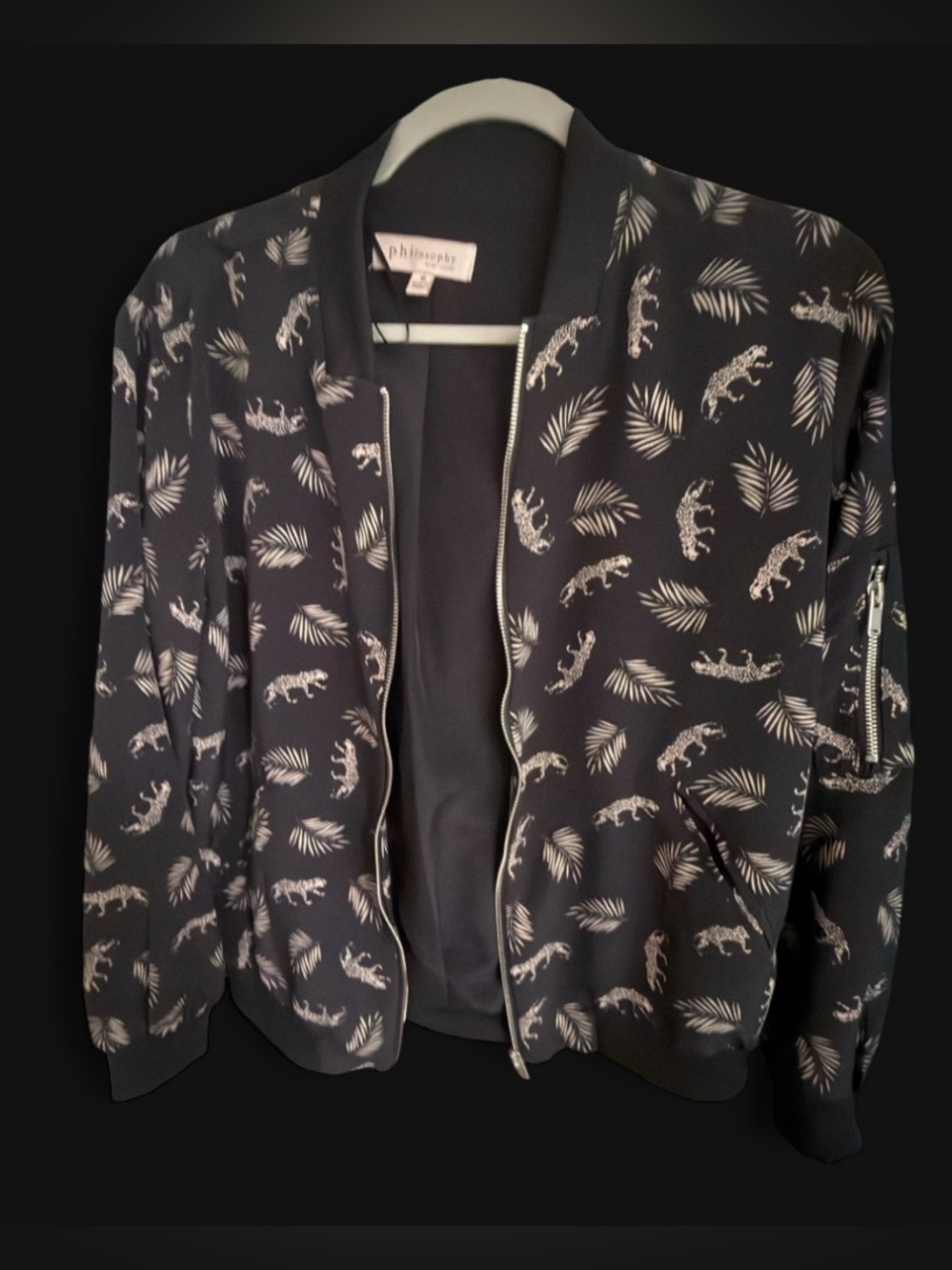 Philosophy Black Bomber Jacket with off White Leopards & Palm Print. Rad!